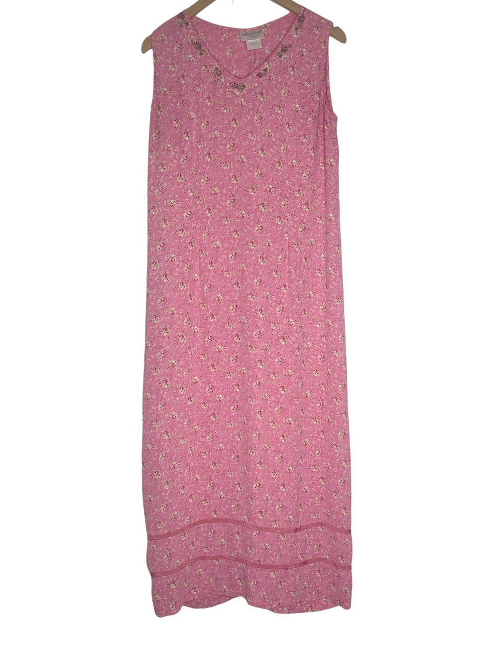 VTG Storybook Heirlooms Pink Floral Maxi Dress Size M V-Neck Embroidery Ribbon